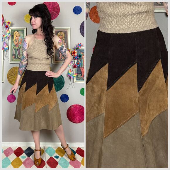 Vintage Dresses & Skirts - Vintage 1970s Brown Patchwork Suede Leather A-Line Midi Skirt